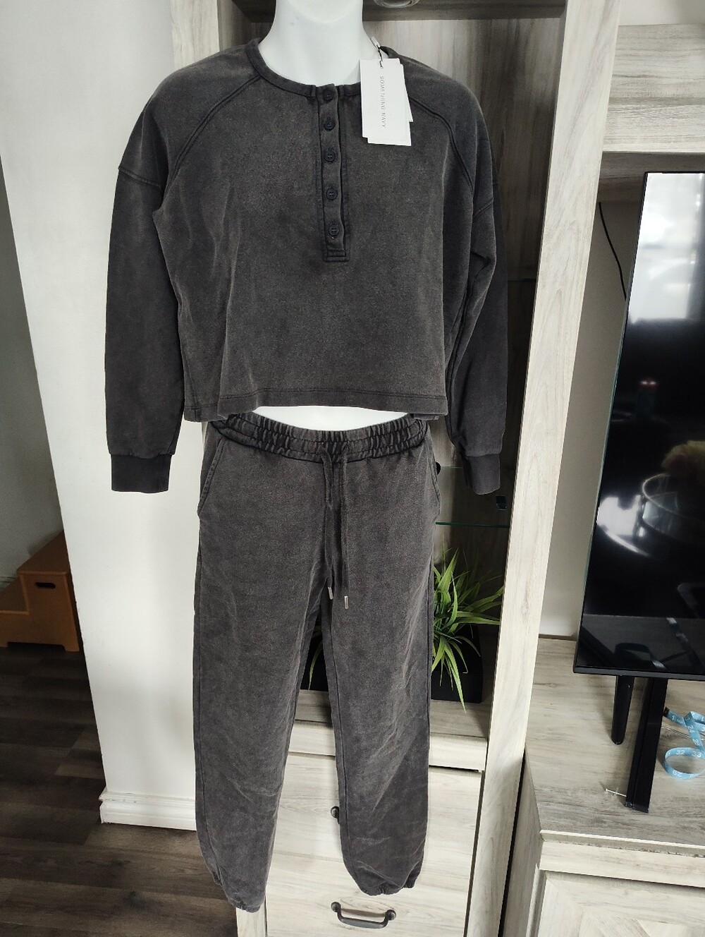 Something Navy Youth Charcoal Washed Joggers And Crewneck Set XXS New